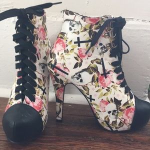 Rose and skull platform lace up heeled booties